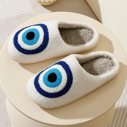 Evil Eyes Blue Embroidered Slippers - Stylish & Cozy Unisex Home Shoes