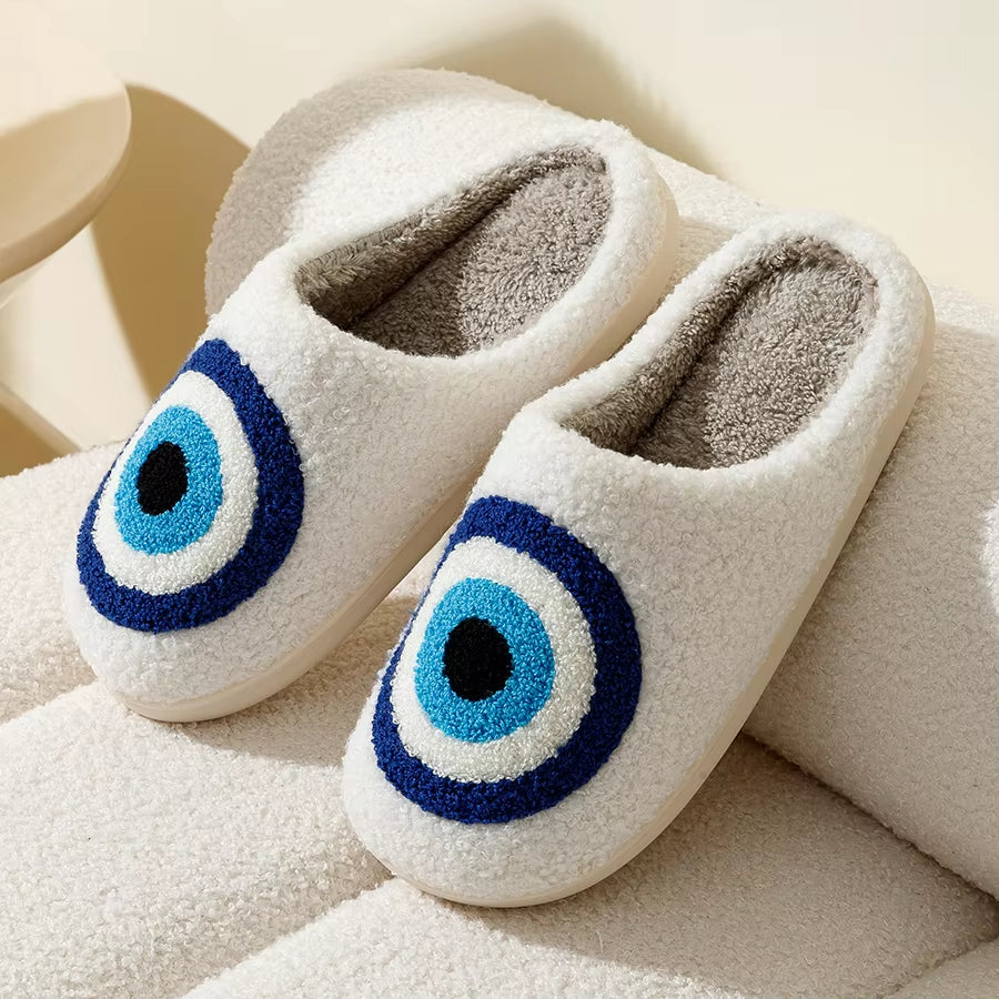 Evil Eyes Blue Embroidered Slippers - Stylish & Cozy Unisex Home Shoes