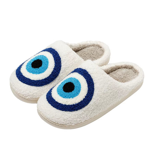 Evil Eyes Blue Embroidered Slippers - Stylish & Cozy Unisex Home Shoes