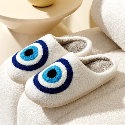 Evil Eyes Blue Embroidered Slippers - Stylish & Cozy Unisex Home Shoes