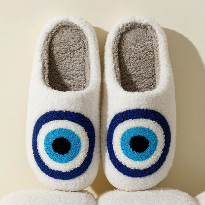 Evil Eyes Blue Embroidered Slippers - Stylish & Cozy Unisex Home Shoes