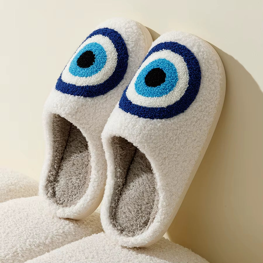 Evil Eyes Blue Embroidered Slippers - Stylish & Cozy Unisex Home Shoes