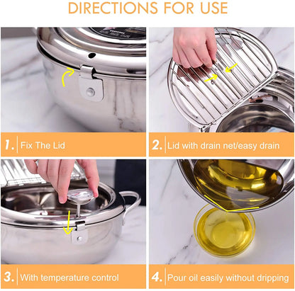 Japanese Deep Frying Pot with a Thermometer and a Lid 304 Stainless Steel Kitchen Tempura Fryer Pan 20 24 Cm KC0405