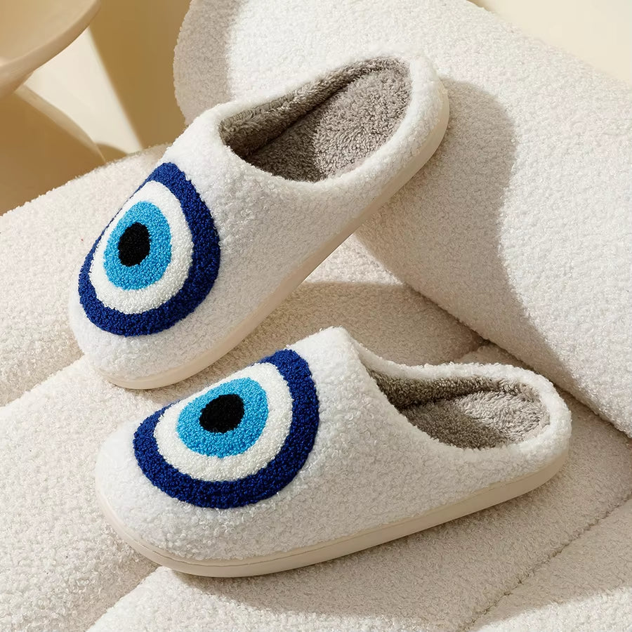 Evil Eyes Blue Embroidered Slippers - Stylish & Cozy Unisex Home Shoes