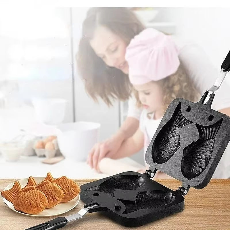 Kitchen Japanese Taiyaki Double Fish Shaped Hot Dessert Waffle Cake Maker Pan Japanese Pancake Double Pan Fry Pan Waffle Molds